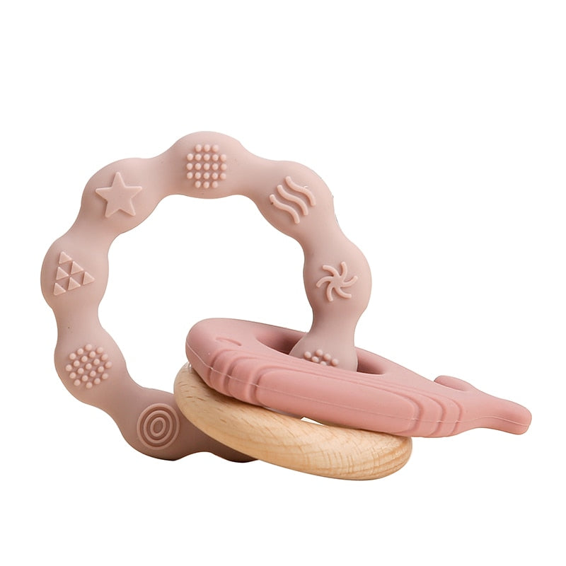 Let&#39;s Make 1PC Silicone Teether Baby Rudder Shape Wooden Teether Ring Kid Gift BPA Free Silicone Children Goods Kid Teething Toy